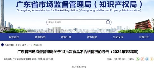 广东省市场监督管理局关于13批次食品不合格情况的通告 2024年第33期